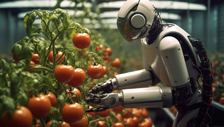 Robot in a greenhouse with fresh tomatoes. 3d rendering.の素材