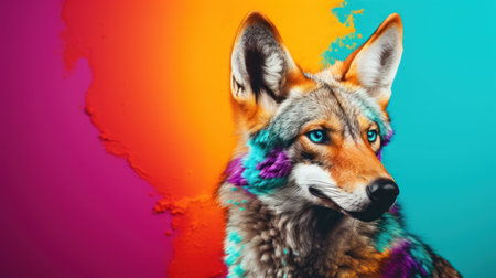 Portrait of a fox with multicolored hair on a colored backgroundの素材