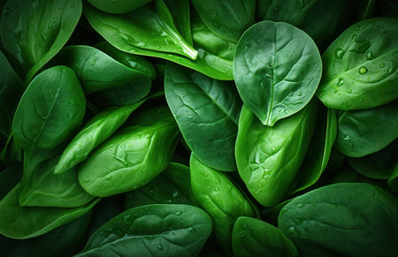 Fresh green spinach leaves background, top view. Healthy food concept.の素材