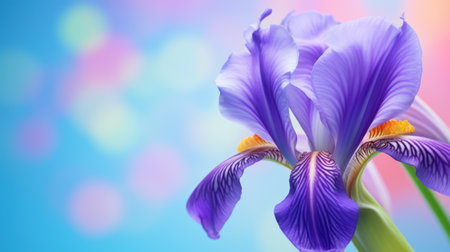 Purple iris flower on blue background with bokeh effectの素材
