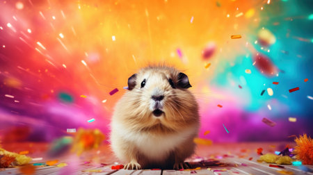 Funny pet hamster with confetti on a colorful background.の素材