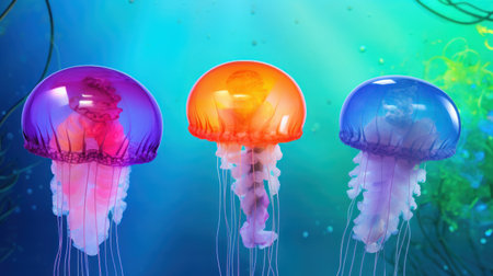 Colorful jellyfish swimming in the deep blue sea. 3d renderingの素材