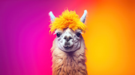 Funny alpaca with orange wig on a purple background.の素材