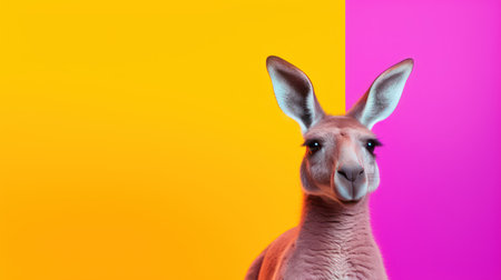 Portrait of cute kangaroo on pink and yellow background.の素材