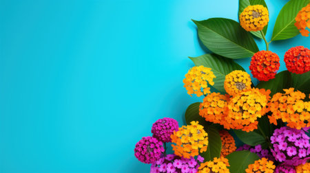 Colorful flowers on blue background with copy space. Top view.の素材
