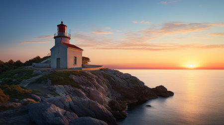 Lighthouse on the coast of the sea at sunset. Panoramaの素材