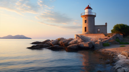 Lighthouse in the sea at sunset. Panoramic view.の素材