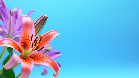 Bouquet of lilies on a blue background. Place for text.の素材