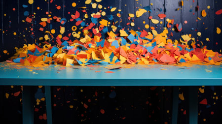 colorful confetti on blue table in dark room with blue wallの素材