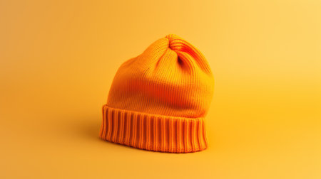 Orange knitted hat on yellow background. 3d render illustration.の素材