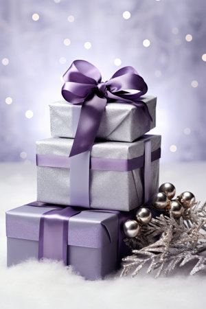 Gift boxes with purple ribbon on snow with bokeh backgroundの素材