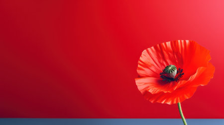 poppy flower on red background with copy space for text or designの素材