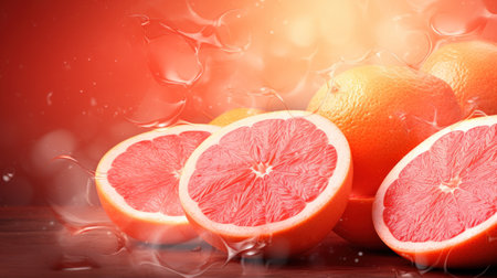 Grapefruits on a red background. Grapefruit slices on a red background.の素材