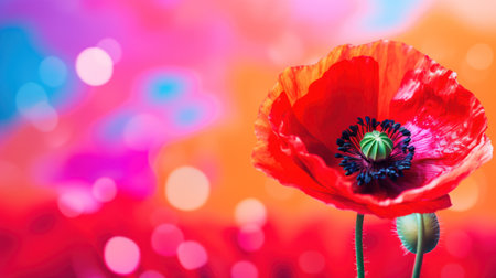poppy flower on abstract colorful background with bokeh and lightの素材