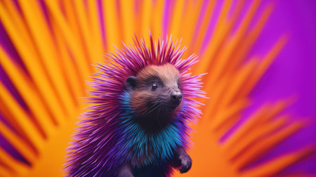 Hedgehog on a background of orange and purple neon lights.の素材