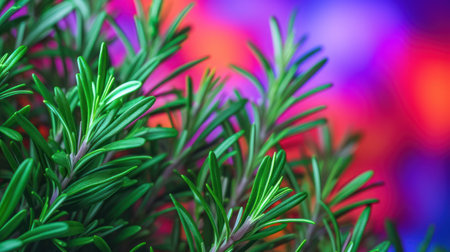 Fresh rosemary twig on colorful bokeh background. Close up.の素材