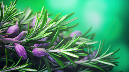 Rosemary on green background. Selective focus. Shallow depth of field.の素材