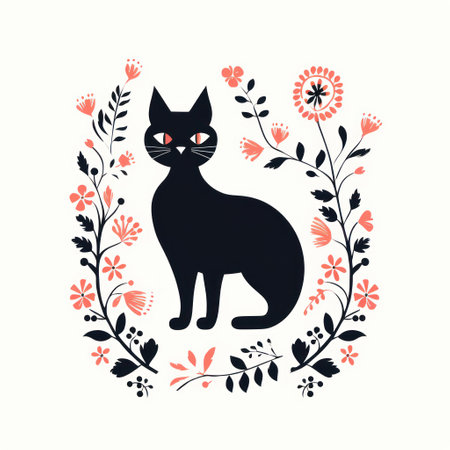 Cute black cat with flowers. Vector illustration for your design.の素材