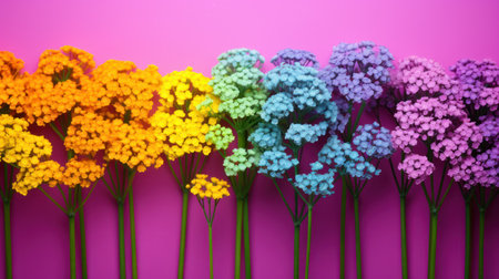 Colorful bouquet of flowers on a pink background with copy spaceの素材