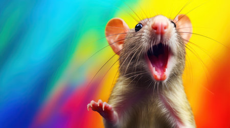 funny rat on a rainbow background, close-up, copy spaceの素材