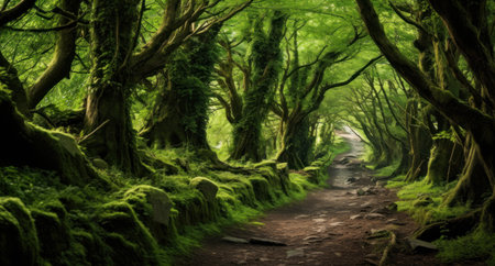 Beautiful green forest with a pathway in the middle of the forestの素材