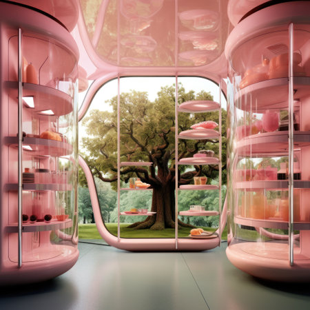 3d illustration of a modern interior with a view of the gardenの素材