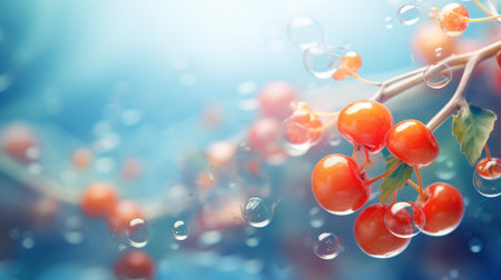 Red berries of viburnum on a branch with water drops.の素材
