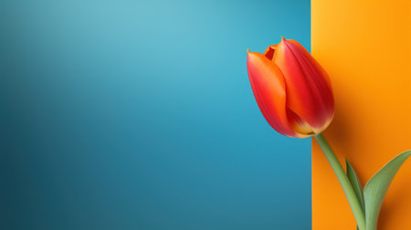 Tulip flower on blue and orange background with copy space.の素材