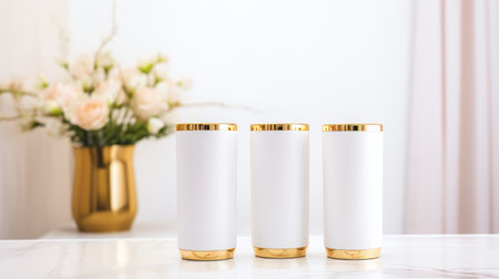 Cosmetic bottle containers with blank labelle countertop in bathroomの素材