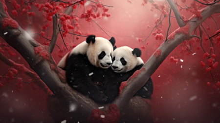 Two giant panda bear sleeping on a tree branch in the forestの素材