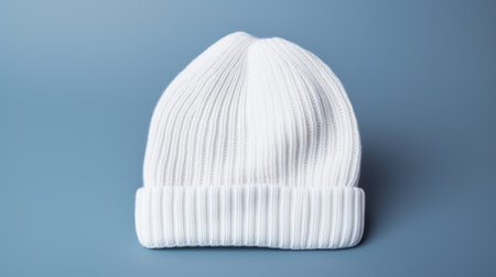 White knitted hat on a blue background. Winter fashion concept.の素材