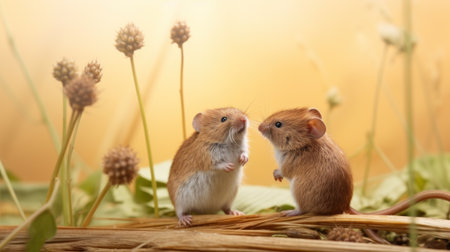 Hamster and mouse on a background of green grass and flowers.の素材