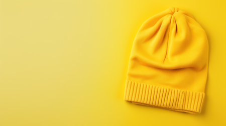 Yellow knitted hat on yellow background, top view, copy spaceの素材