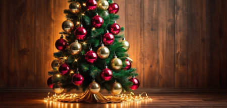 Christmas tree with red and gold baubles on wooden wall backgroundの素材