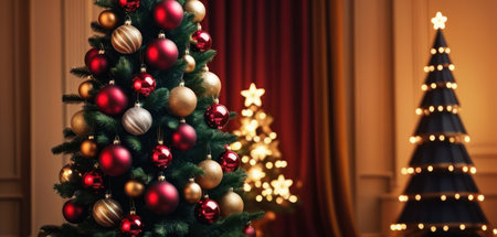 Decorated Christmas tree with colorful baubles in living roomの素材
