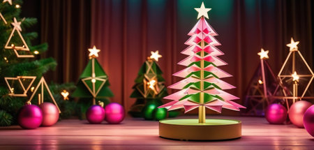 3d rendering of christmas tree with lights and decorations on stageの素材