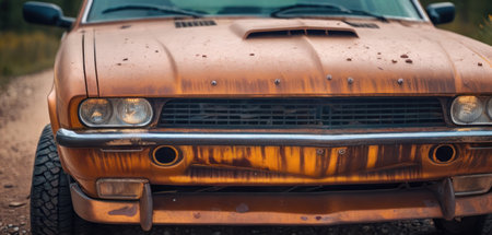 Abandoned car on the dirt road. Old rusty car with dust on the hood.の素材