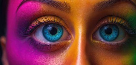 Close up shot of beautiful female eyes with multicolored makeup.の素材
