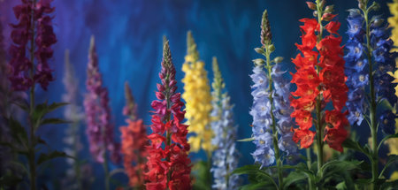 Colorful salvia flowers on a blue background. Spring flowers.の素材