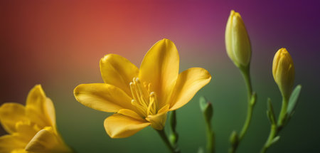 Yellow lily on a background of green and purple bokehの素材