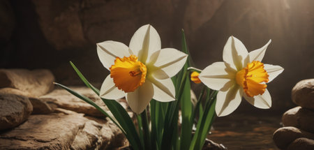 White daffodils in a vase on a wooden backgroundの素材
