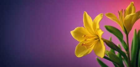 Yellow lily flowers on a purple background with copy space for textの素材