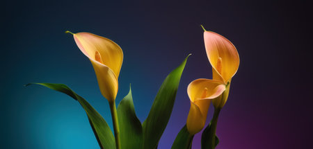 Beautiful yellow calla lily flowers on dark blue background.の素材