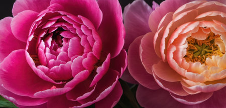 Beautiful pink peony flowers close-up on a black backgroundの素材