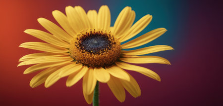 Close-up of a yellow daisy on a colorful background.の素材