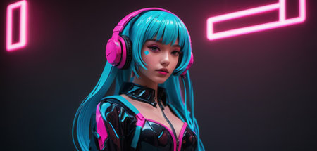 3d illustration of a futuristic girl with neon lights and headphones.の素材