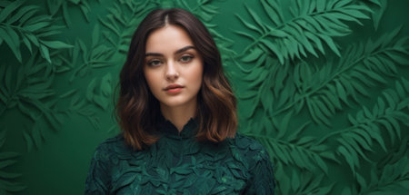 Portrait of a beautiful girl in a green dress on a green backgroundの素材