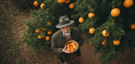 Senior man with basket of tangerines in the orchard.の素材