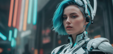 beautiful cyborg girl with blue hair looking at camera in futuristic spaceの素材