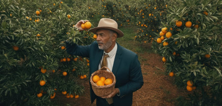 Portrait of senior man holding basket with tangerines in orange orchardの素材